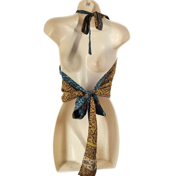 Retro Reversible Halter Crop Top Womens OS Silk Blnd Tie Back Blue Gold - Picture 5 of 11